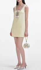 Dazzling Lemon Crepe Mini Dress with Sparkling Bows & Keyhole