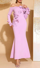 Elegant Lavender Off-Shoulder 3D Floral Mermaid Gown