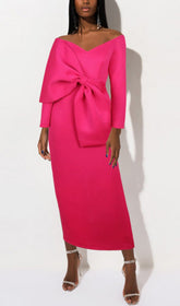 Chic Fuchsia Off-Shoulder Bow Midi Dress