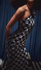 Cirila Glamorous Black & Silver Sequin Halter Maxi Dress