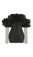 Bard Black Off-Shoulder Floral Ruffle Mesh Mini Dress