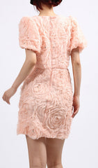 Elpida Romantic 3D Rose Puff Sleeve Mini Dress