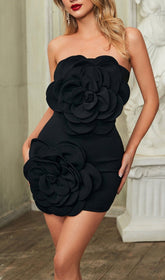 Annabeth Chic Black Strapless Mini Dress with 3D Flower Appliques