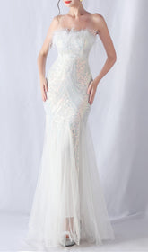 Choire White Sequin Feather Mermaid Maxi Gown