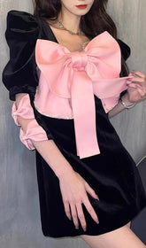 Arevik Black Velvet Mini Dress with Oversized Pink Bow