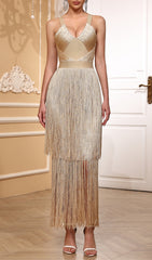 Eliora Dazzling Gold Fringe Bandage Maxi Dress