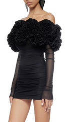 Bard Black Off-Shoulder Floral Ruffle Mesh Mini Dress