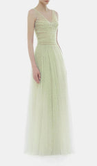 Josie Mint Green Sparkle V-Neck Mesh Maxi Gown