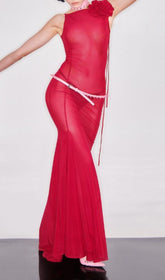 Vibrant Red Sheer Floral Maxi Gown