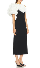 Elegant Black & White One Shoulder Ruffle Maxi Dress
