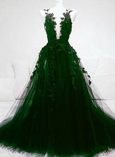 Vestido de fiesta verde de tul con encaje en forma de A