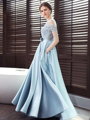 Blue Satin A-line Lace Off Shoulder Floor Length Party Dress
