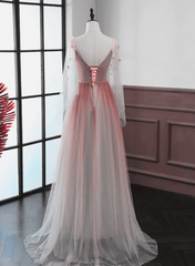 Vestido de fiesta de tul con encaje y corte A en degradado rojo