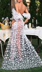 Oksana Dreamy White 3D Floral Sheer Corset Maxi Dress