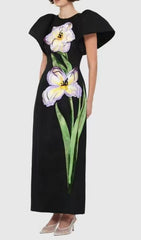 Eadoin Black Floral Statement Maxi Dress with Dramatic Puff Sleeves