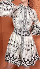 Camryn Black & White Boho Chic Belted Mini Dress