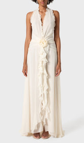 Elegant Ivory Halter Maxi Dress with 3D Floral & Ruffle Detail