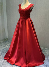 Red Satin V-neckline Floor Length Prom Dress