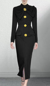 Akiyoshi Elegant Black Bow-Neck Midi Dress with Golden Floral Buttons