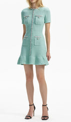 Arleth Chic Mint Green Tweed Mini Dress with Pearl Embellishments