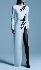 Graeme Luxe White Beaded Floral Maxi Gown with High Slit