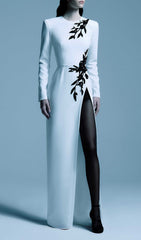 Graeme Luxe White Beaded Floral Maxi Gown with High Slit
