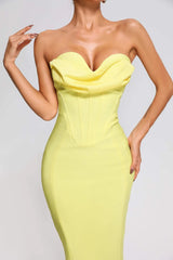 Neon Yellow Strapless Corset Bandage Midi Dress