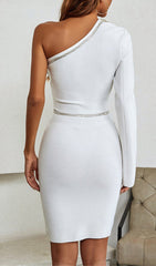 Adine Adorns Dazzling White Asymmetrical Blazer Mini Dress with Rhinestone Corset Detail