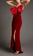 Luxurious Dark Red Velvet-Look Bow Mermaid Maxi Dress with Seductive Slit