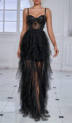 Curie Black Butterfly Sequin Mesh High-Low Maxi Dress