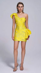 Radiant Yellow Jacquard One-Shoulder Mini Dress