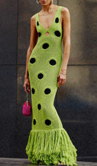 Gaelion Vibrant Green Polka Dot Fringe Knitted Midi Dress