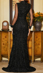 Dazzle Black Sequin Keyhole Maxi Dress with Mesh Sleeves