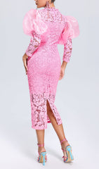Aithne Glamorous Pink Lace Midi Dress with Dramatic Organza Puff Sleeves