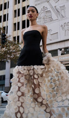 Duffy Strapless Black Bodice Mesh Dot Maxi Dress