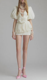 Evia Chic Pleated V-Neck Mini Dress with 3D Floral Appliqu