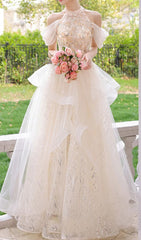 Chione Dazzling Champagne Halter Sequin Mesh Maxi Dress with Romantic Off-Shoulder Sleeves