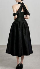 Jela Elegant Black Off-Shoulder Corset Midi Dress for Women