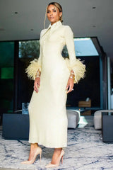 Chic Yellow Feather Cuff Maxi Dress