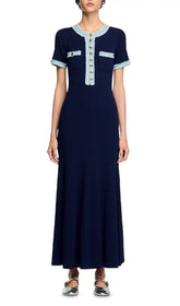 Chic Navy Ribbed Knit Maxi Dress with Denim Trim & Gold Buttons