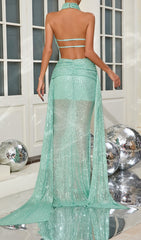 Camacho Draped Halter Sequin Backless Maxi Dress