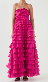 Dasani Radiant Pink Strapless Tiered Ruffle Maxi Dress