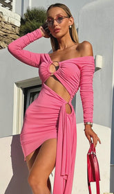 Bia Daring Pink Ruched Cut-Out Bardot Mini Dress with Asymmetric Drape