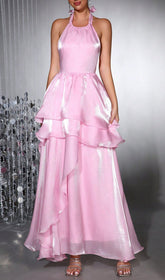 Haloke Shimmer Pink Halter Tiered Ruffle Maxi Dress
