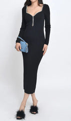 Glamorous Black Knitted Midi Dress with Dazzling Diamond Neckline
