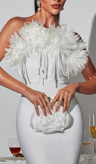 Showstopping White Strapless Flower Fringe Bandage Maxi Dress