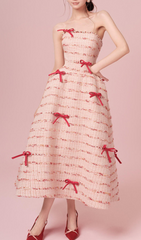 Ganya Luxe Tweed Strapless Midi Dress with Pearl & Bow Accents