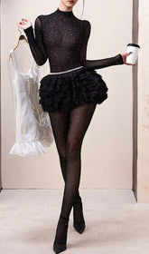 Jazelle Black Sheer Rhinestone Long Sleeve Ruffle Mini Dress