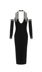 Jeneal Black Diamante Halter Midi Bandage Dress