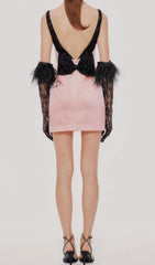 Blush Pink Satin Mini Dress with Chic Lace & Feather Gloves Set